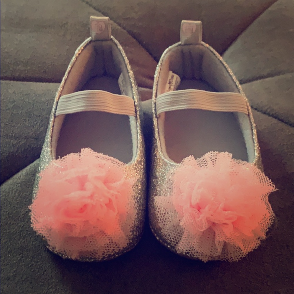 Silver glitter flats with pink poof